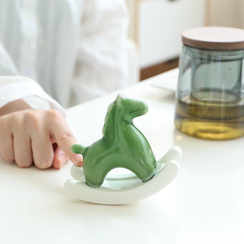 Light Green Modern Ceramic Rocking Horse Ornament - Cute Porcelain Figurine for Desk & Shelf Decor Tristar Online