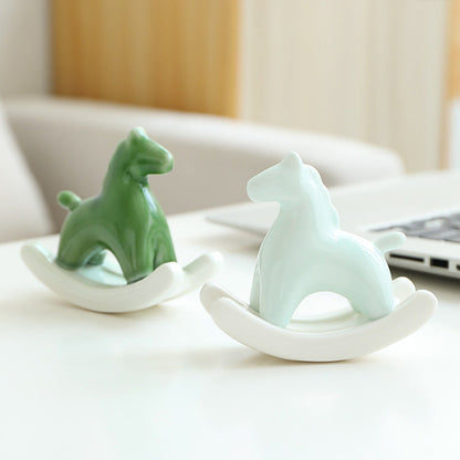 Light Green Modern Ceramic Rocking Horse Ornament - Cute Porcelain Figurine for Desk & Shelf Decor Tristar Online