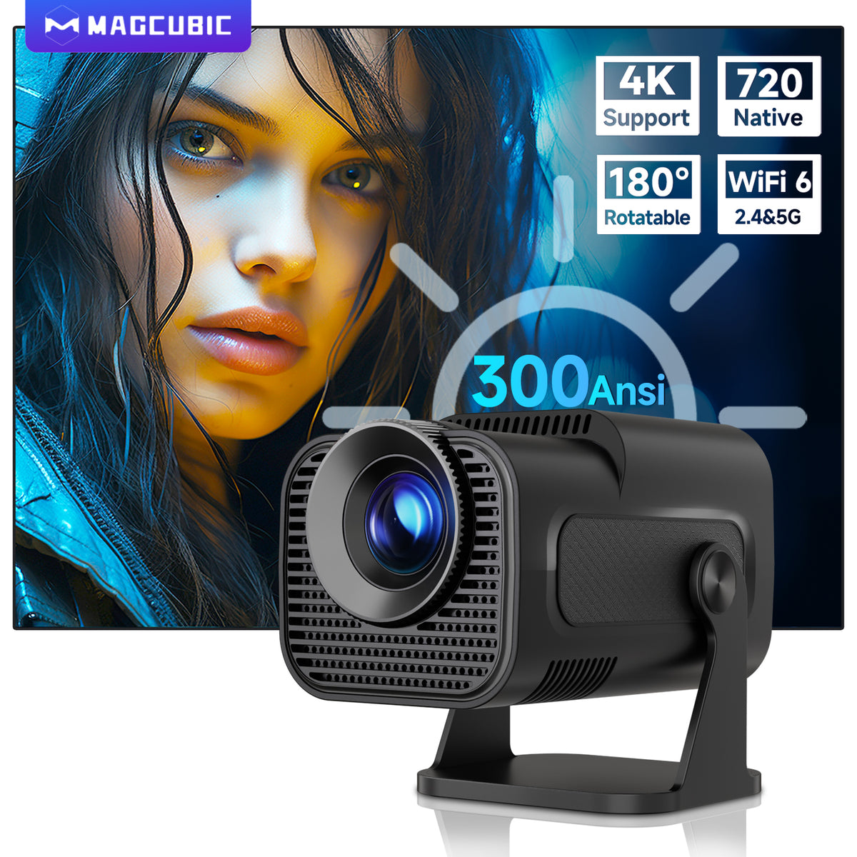 Magcubic HY320 Mini Newly Native 720P Android 11 4K Projector 300ANSI Wifi6 BT5.0 Cinema Outdoor Portable 180° Rotable Projector - Excellent - Refurbished