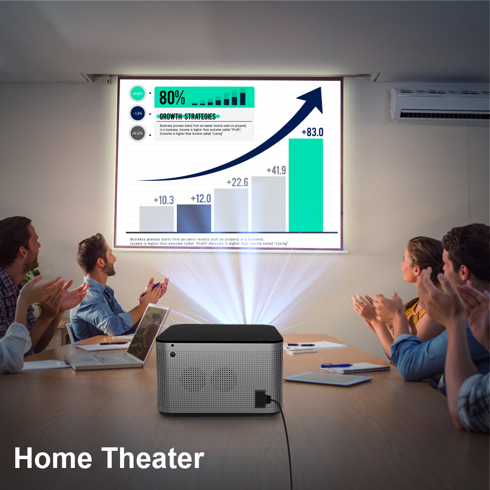 Magcubic HY350 Pro home theater setup with soundbar and screen in background

