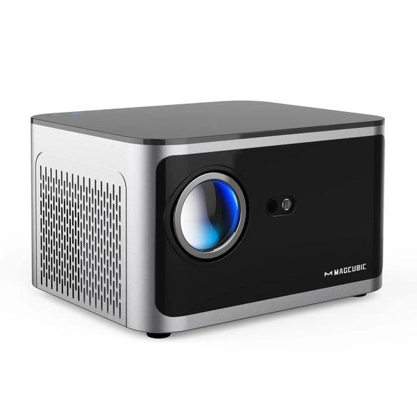 Magcubic HY350 Pro 580ANSI projector on a TV unit projecting onto a white wall