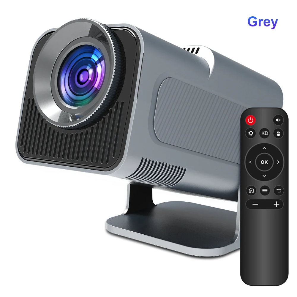 Close‑up front view of Magcubic HY320 showing lens, focus wheel and compact grey cube design.