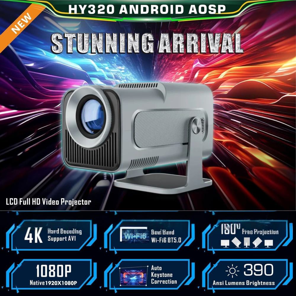 Magcubic HY320 home screen on wall showing Android 11 app grid with streaming icons.