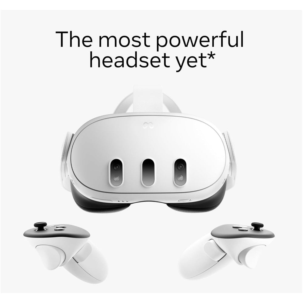 Meta Quest 3 512GB headset lying on its side with Touch Plus controllers placed neatly beside it.