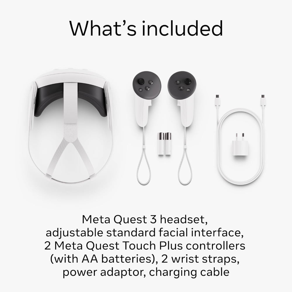 User wearing Meta Quest 3 512GB in a living room, playing a VR game with both controllers raised.