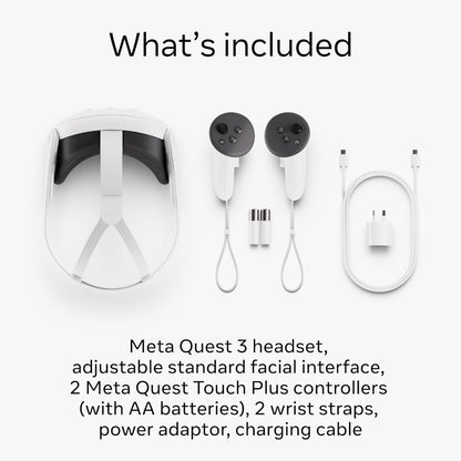 User wearing Meta Quest 3 512GB in a living room, playing a VR game with both controllers raised.