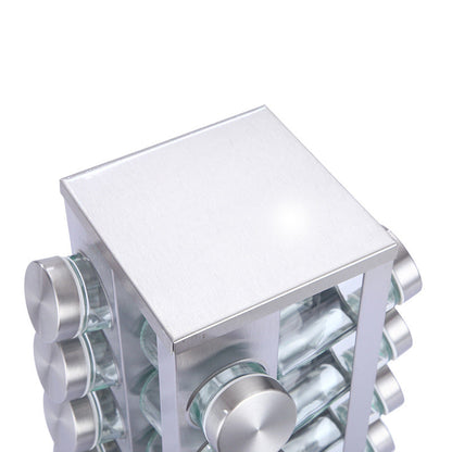 Modern stainless steel square spice revolving rack with 12 (88 ml each) empty glass jars Tristar Online