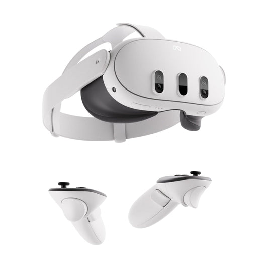 Meta Quest 3 512GB mixed reality headset standing upright on a white background, showing front cameras and head strap