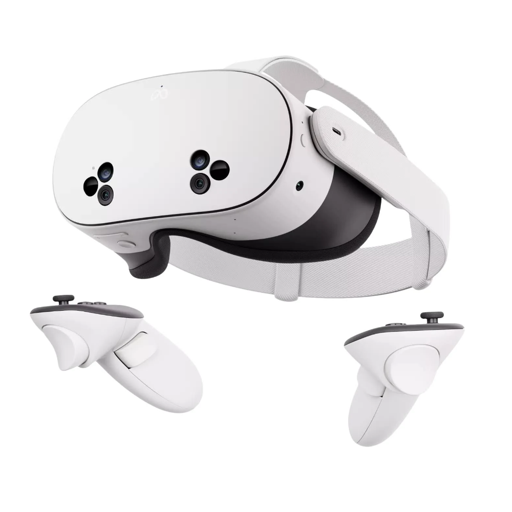 Meta Quest 3S 128GB headset and two Touch Plus controllers on a white background.