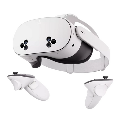 Meta Quest 3S 128GB headset and two Touch Plus controllers on a white background.