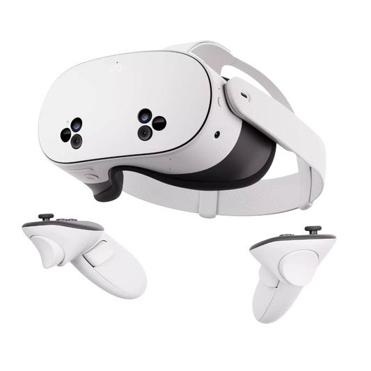 Meta Quest 3S 128GB headset and two Touch Plus controllers on a white background.