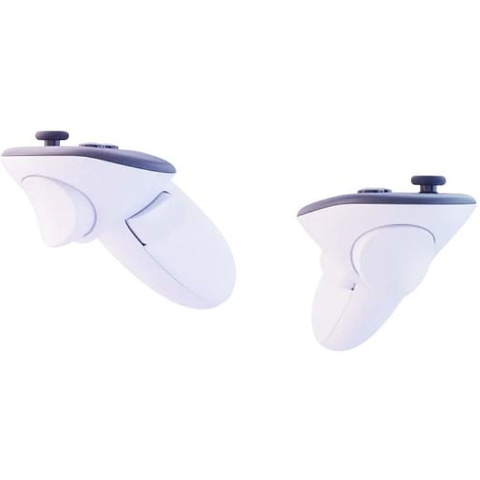 Overhead shot of Meta Quest 3S 128GB with controllers, charging cable, power adapter and glasses spacer arranged neatly