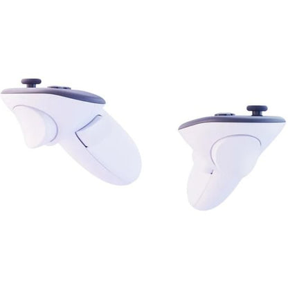 Overhead shot of Meta Quest 3S 128GB with controllers, charging cable, power adapter and glasses spacer arranged neatly