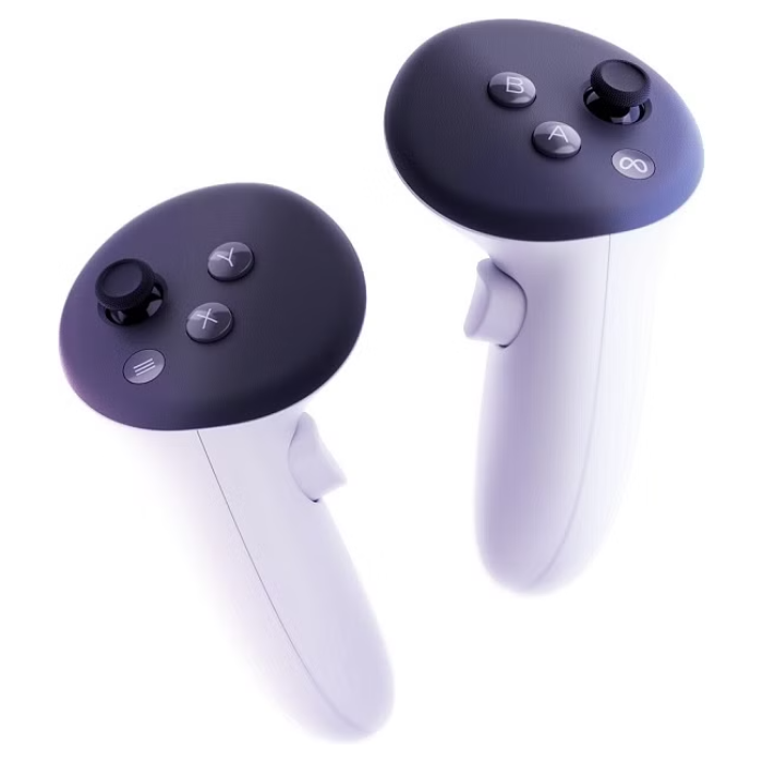 Close-up of Meta Quest 3 Touch Plus controller showing thumbstick, buttons and ergonomic grip design.