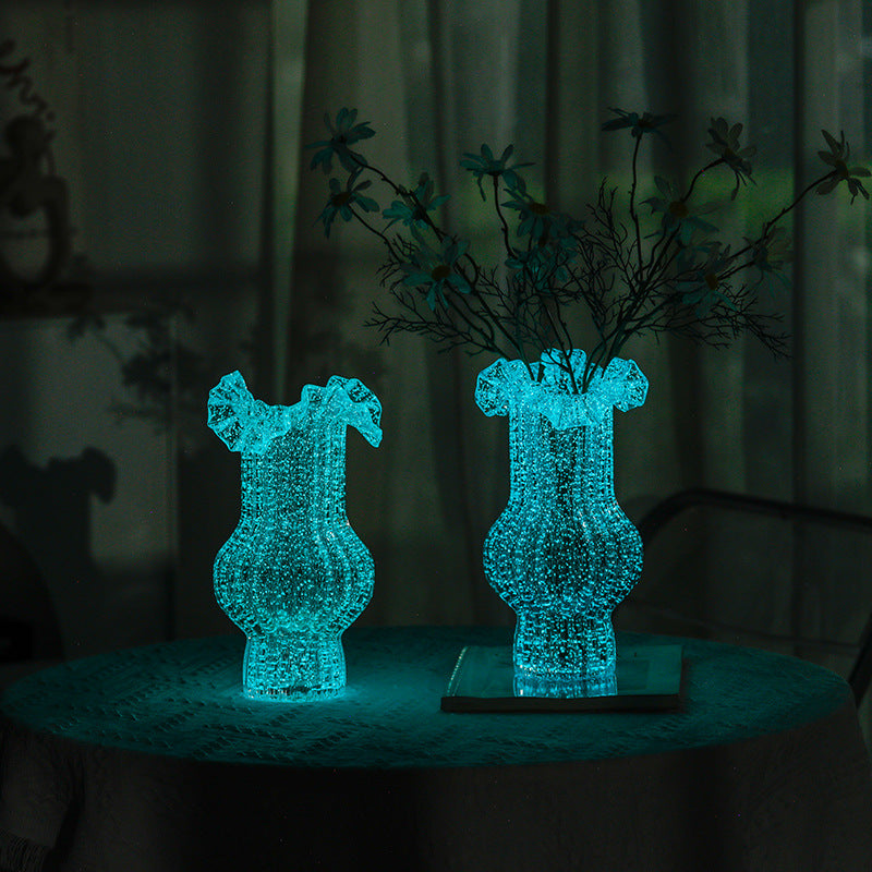 Pink Elegant Glow-in-the-Dark Glass Vase - Vintage-Style Ruffled & Ribbed Centrepiece Tristar Online