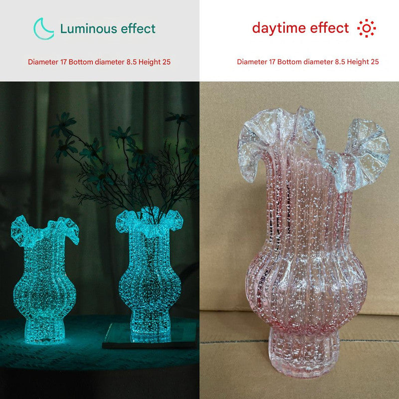Pink Elegant Glow-in-the-Dark Glass Vase - Vintage-Style Ruffled & Ribbed Centrepiece Tristar Online