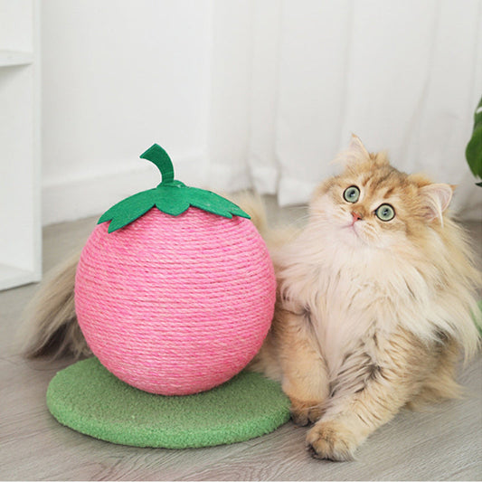 Pink Strawberry And Green Base Fun Fruit Shaped Sisal Cat Scratcher Ball - Durable Scratching Toy with Stable Base Tristar Online