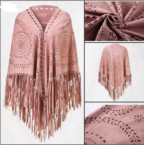 Pink Suede Wheat Tassel Triangle Scarf - Autumn Warm Shawl for Women, Hollow-Out Fringe Design Tristar Online
