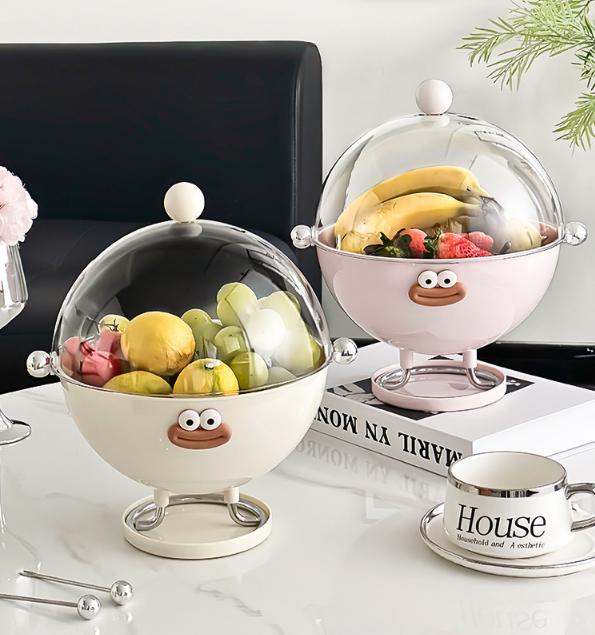Pink Whimsical Covered Fruit Bowl with Flip Lid & Drainer - Cute Design Snack & Candy Dish for Living Room Tristar Online