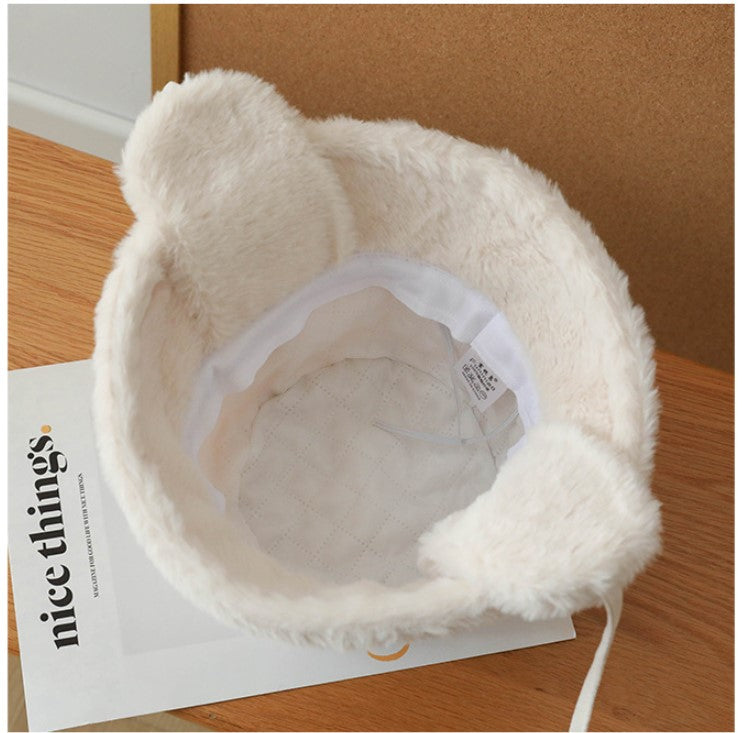 Plush Bucket Hat with Ear Flaps,Warm Furry Winter Hat in White-One size (54-59cm) adjustable Tristar Online