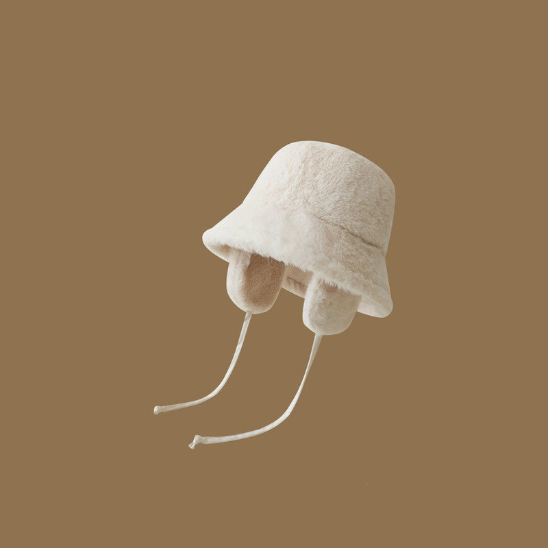 Plush Bucket Hat with Ear Flaps,Warm Furry Winter Hat in White-One size (54-59cm) adjustable Tristar Online