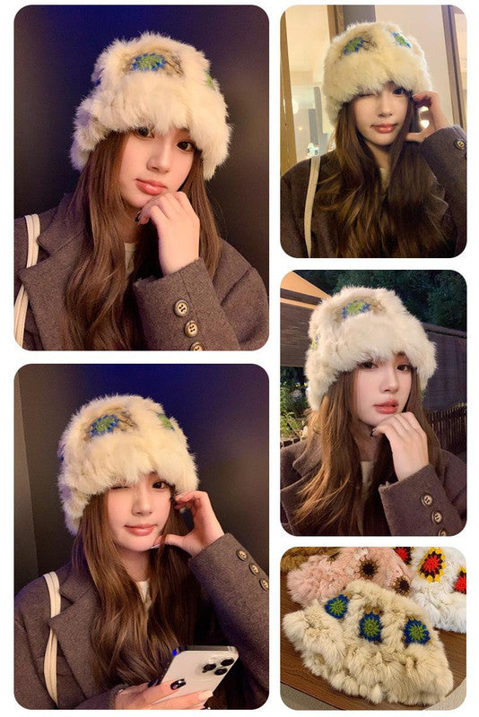 Plush Floral Bucket Hat,Warm Crocheted Winter Hat in Beige-Hat circumference: 56-60cm Tristar Online