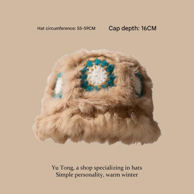 Plush Floral Bucket Hat,Warm Crocheted Winter Hat  in Khaki-Hat circumference: 56-60cm Tristar Online