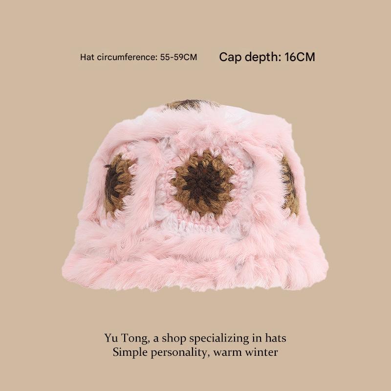 Plush Floral Bucket Hat,Warm Crocheted Winter Hat in Pink-Hat circumference: 56-60cm Tristar Online