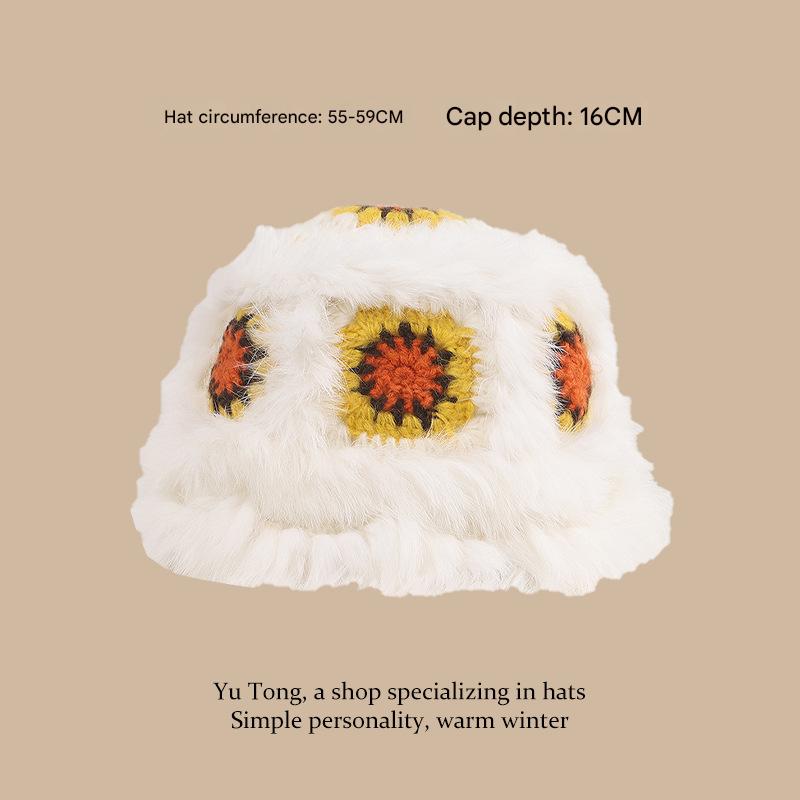 Plush Floral Bucket Hat,Warm Crocheted Winter Hat in White yellow-Hat circumference: 56-60cm Tristar Online