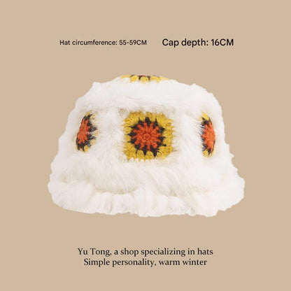 Plush Floral Bucket Hat,Warm Crocheted Winter Hat in White yellow-Hat circumference: 56-60cm Tristar Online
