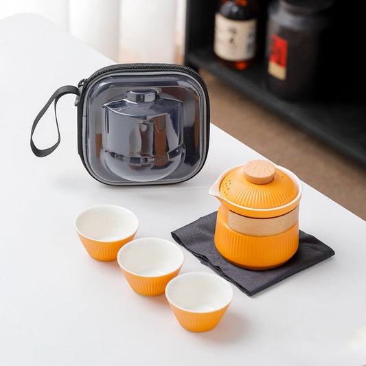Portable Ceramic Travel Tea Set - One Pot Three Cups with Carrying Case, Elegant Frosted Finish(yellow) Tristar Online