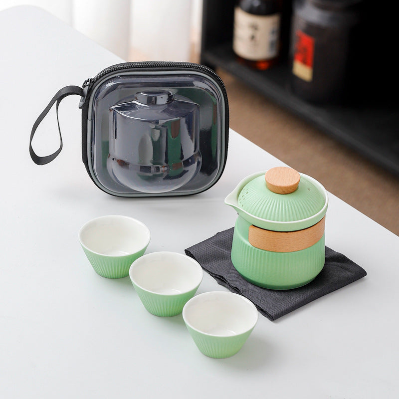 Portable Ceramic Travel Tea Set - One Pot Three Cups with Carrying Case, Elegant Frosted Finish(green) Tristar Online