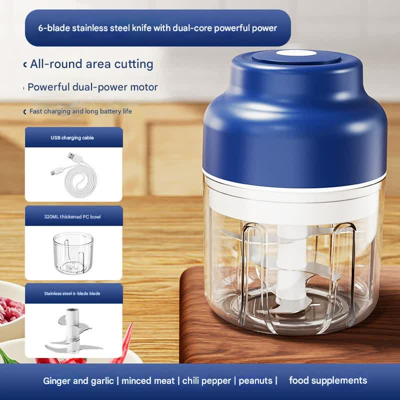 Powerful Mini Electric Food Chopper - USB Rechargeable Cordless Garlic & Meat Mincer(Blue 320ml + 6-blade knife) Tristar Online