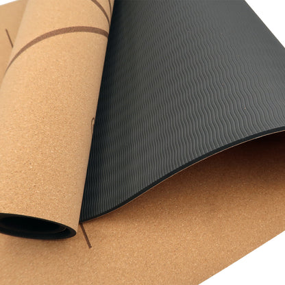 Powertrain 6mm Natural Cork Yoga Mat with Body Alignment Lines & Carry Strap - Non-Slip Double Layer Fitness Mat