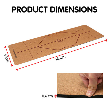 Powertrain 6mm Natural Cork Yoga Mat with Body Alignment Lines & Carry Strap - Non-Slip Double Layer Fitness Mat