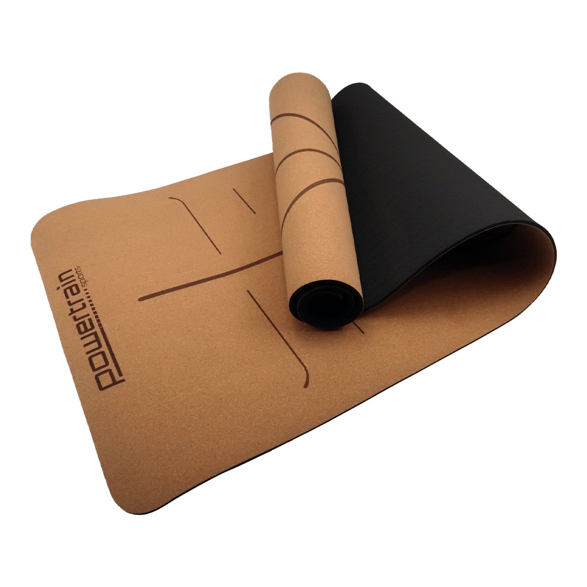 Powertrain 6mm Natural Cork Yoga Mat with Body Alignment Lines & Carry Strap - Non-Slip Double Layer Fitness Mat