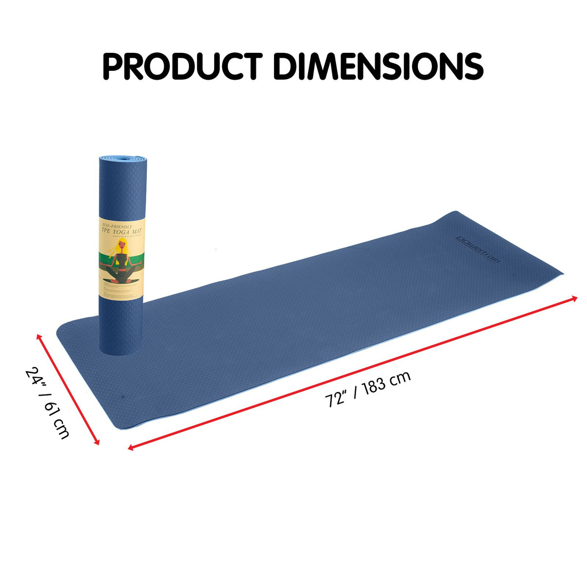 Powertrain 8mm Thick TPE Yoga Mat Non-Slip Home Gym Fitness Exercise Pilates Workout Mat with Carry Strap - Dark Blue