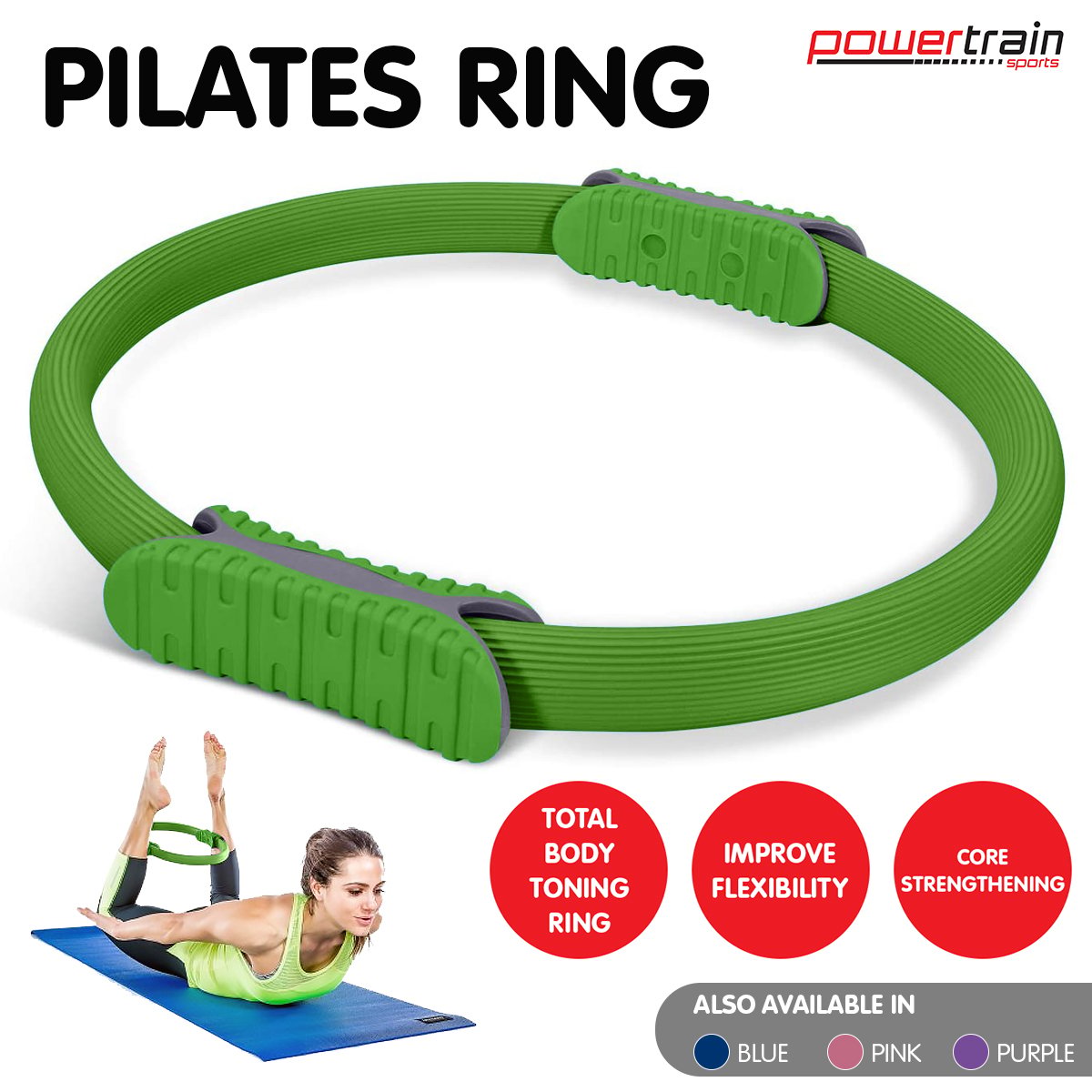 Powertrain 40cm Pilates Ring Magic Fitness Circle Dual Grip Handles for Yoga Core Thigh Workout Resistance - Green