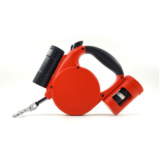 Red 3-in-1 Retractable Dog Leash with LED Flashlight & Poop Bag Dispenser | Heavy Duty Tangle-Free Leash for Safe Night Walks Tristar Online