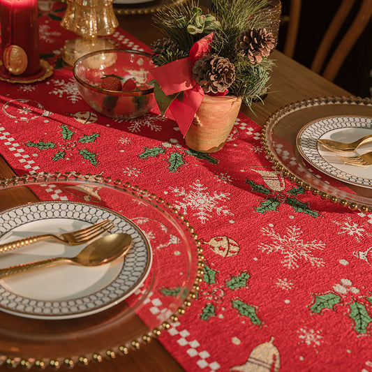 Red Christmas Table Runner with Tassels - Festive Snowflake & Bell Print (35*180cm) Tristar Online