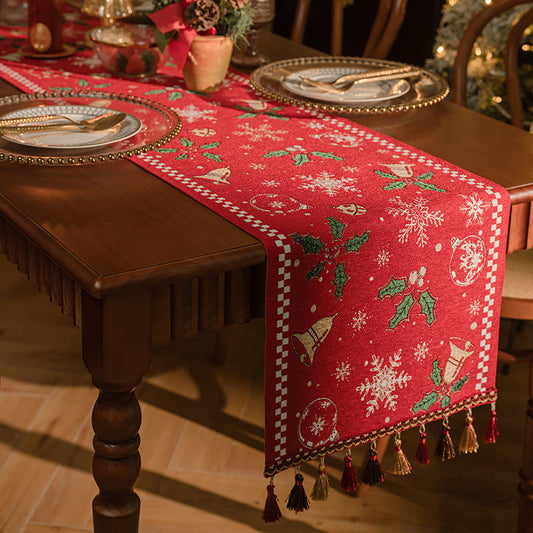 Red Christmas Table Runner with Tassels - Festive Snowflake & Bell Print (35*200cm) Tristar Online