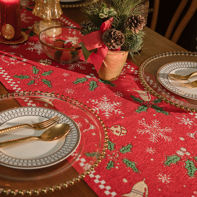 Red Christmas Table Runner with Tassels - Festive Snowflake & Bell Print (35*220cm) Tristar Online