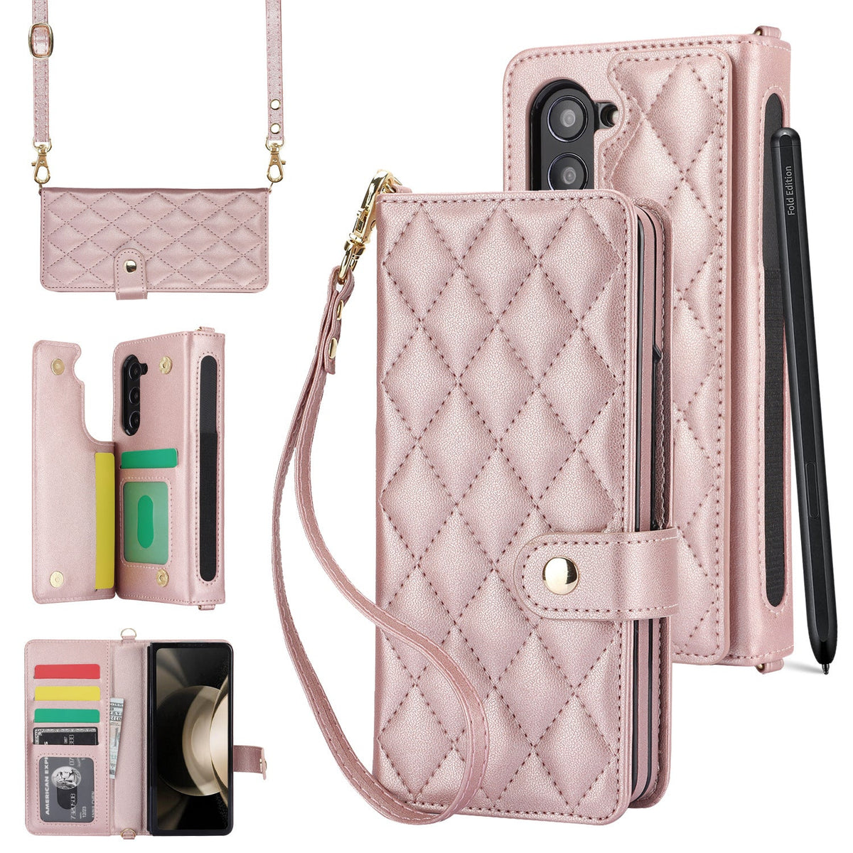 Rose Gold Galaxy Z Fold3 Multi-Functional Leather Wallet Case for Samsung Z Fold Series - Crossbody with Pen Slot, Quilted Design Pen Not Included Tristar Online