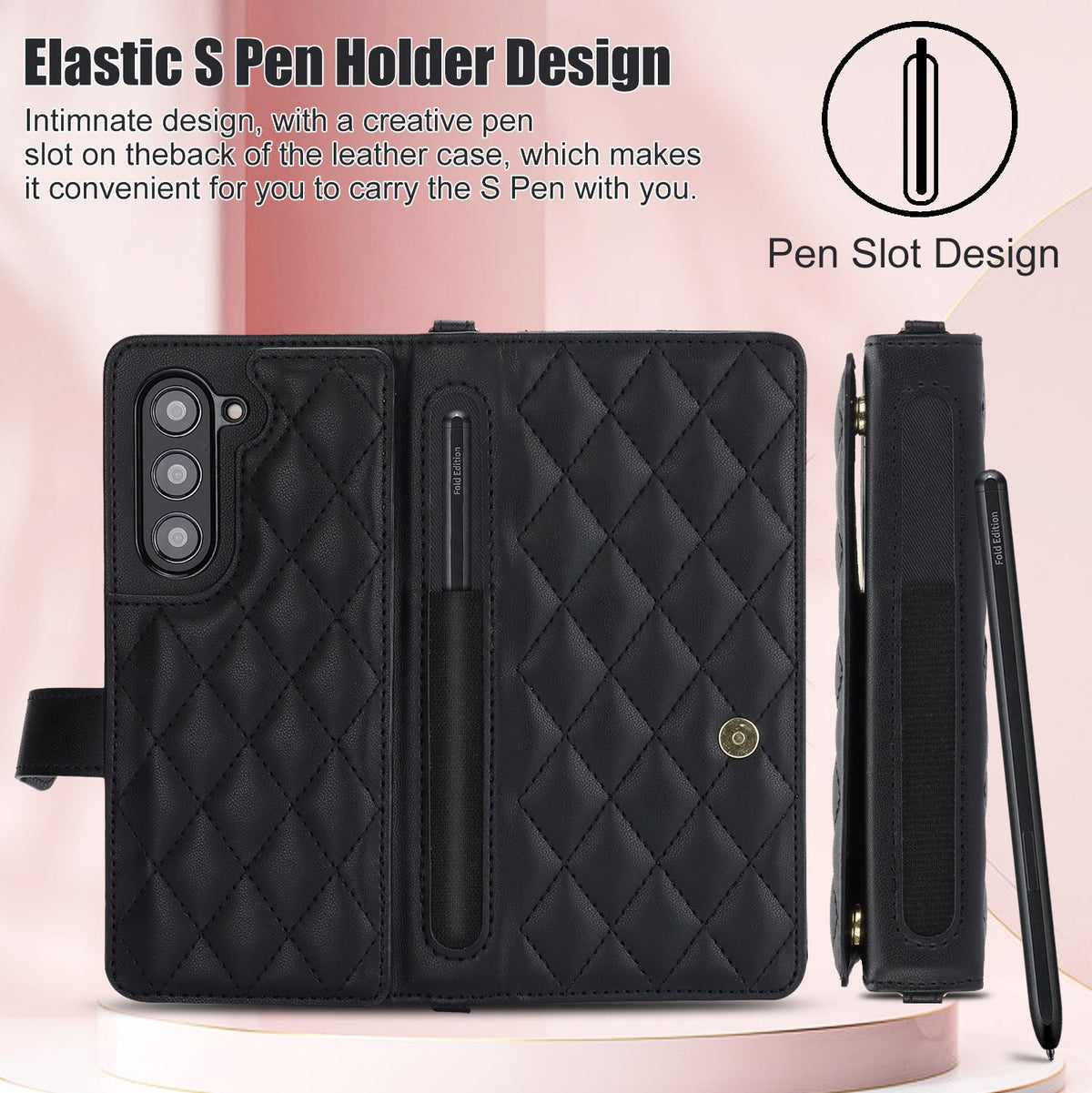 Rose Gold Galaxy Z Fold5 Multi-Functional Leather Wallet Case for Samsung Z Fold Series - Crossbody with Pen Slot, Quilted Design Pen Not Included Tristar Online
