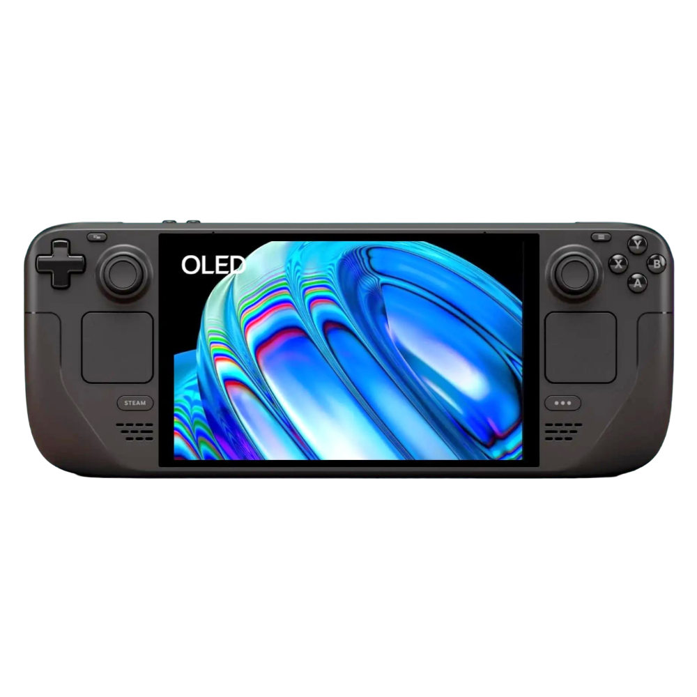 Steam Deck OLED 1TB handheld console on a white background showing the 7.4‑inch HDR OLED display and controls