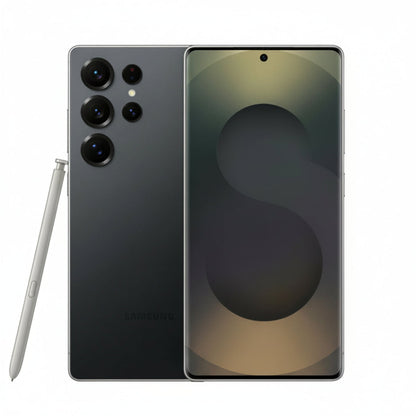 Angled three-quarter shot of Samsung Galaxy S25 Ultra 5G in Titanium Silverblue, emphasizing curved edges and camera rings.