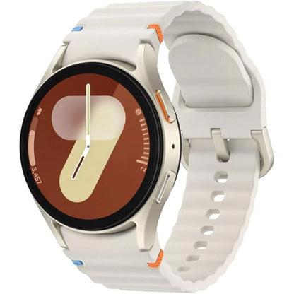 Front view of Samsung Galaxy Watch7 40mm Bluetooth in Cream showing 1.3‑inch Super AMOLED watch face with health stats.