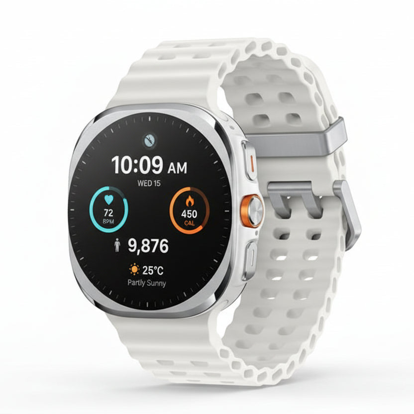 Front view of Samsung Watch Ultra 47mm LTE in Titanium Blue showing 1.47‑inch AMOLED display with triathlon watch face.