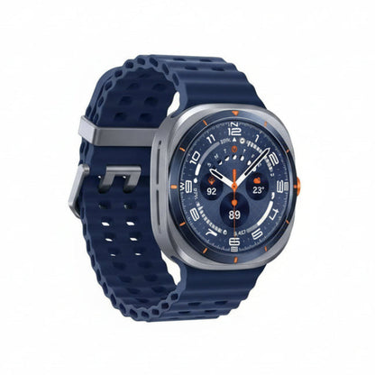 Samsung Watch Ultra 47mm on a wrist during a trail run, displaying dual‑frequency GPS route and pace data.