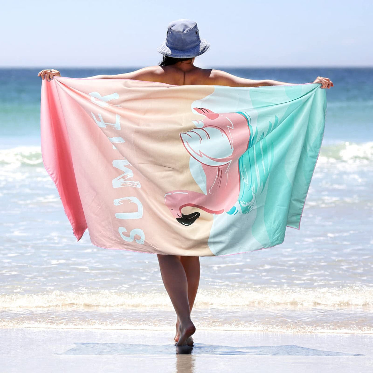 Sand Free Microfibre Beach Towel - Pink Flamingo "Summer" Print Quick Dry Travel Towel 70x150cm(200GSM) - Lightweight Absorbent Bath Sheet for Pool & Holiday Tristar Online